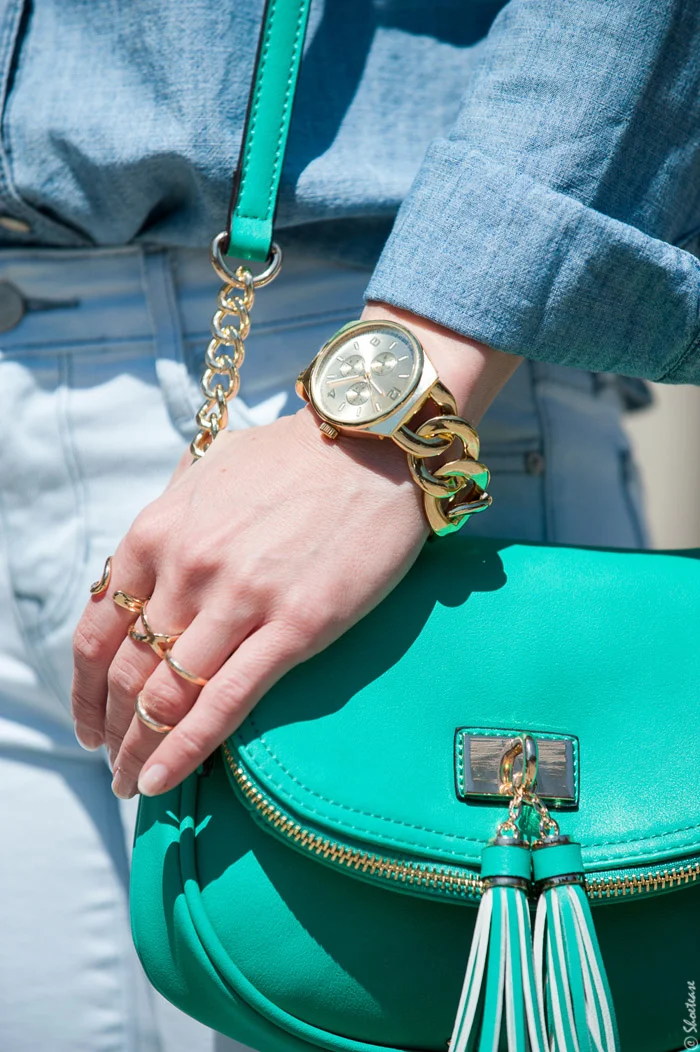 Gold Rings, Chain Wristwatch, Mint Green CrossBody Bag