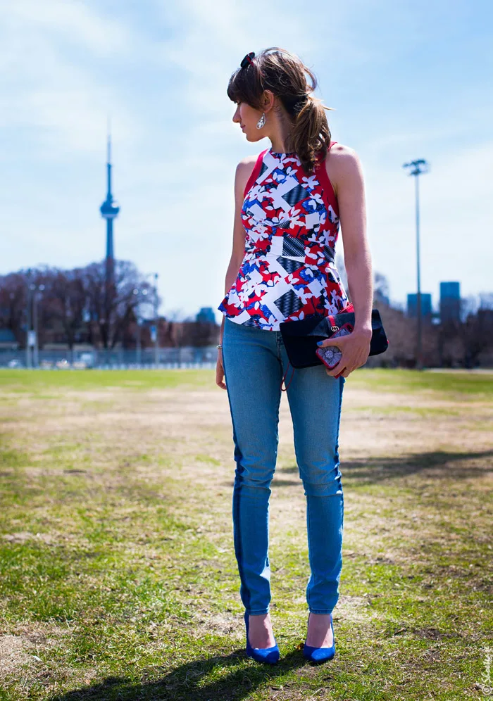 Toronto Fashion- Peter PIlotto Print, Jeans & Blue Suede Shoes