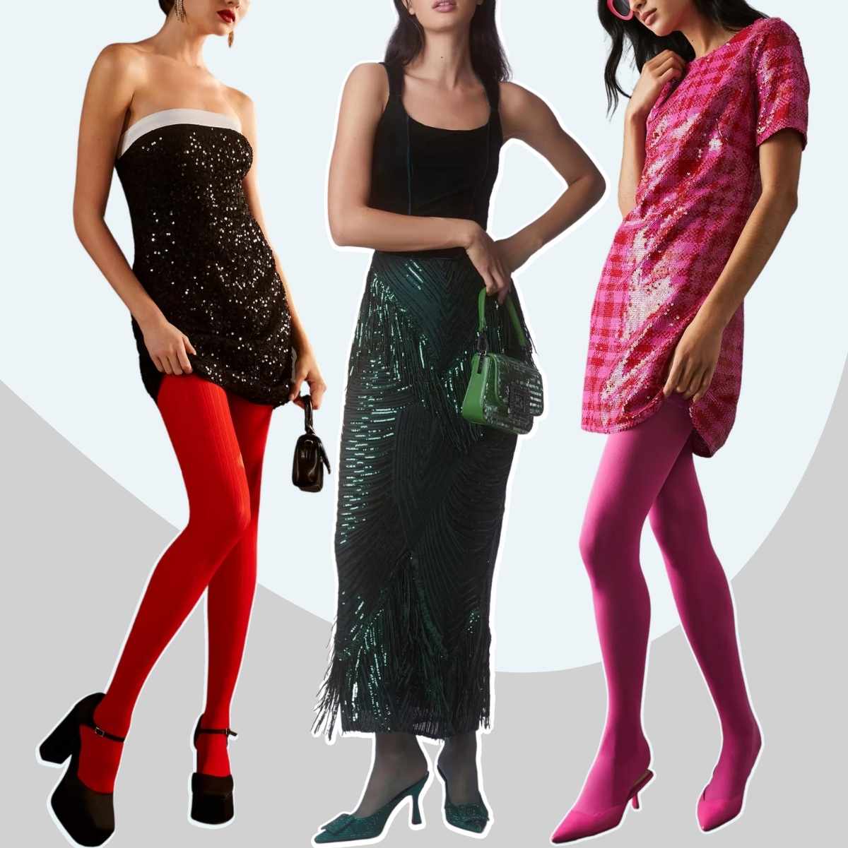 Collage of 3 Women wearing different shoes with sequin dresses and colorful stockings.