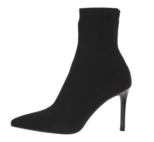 Black stiletto heel sock ankle boot on white background.