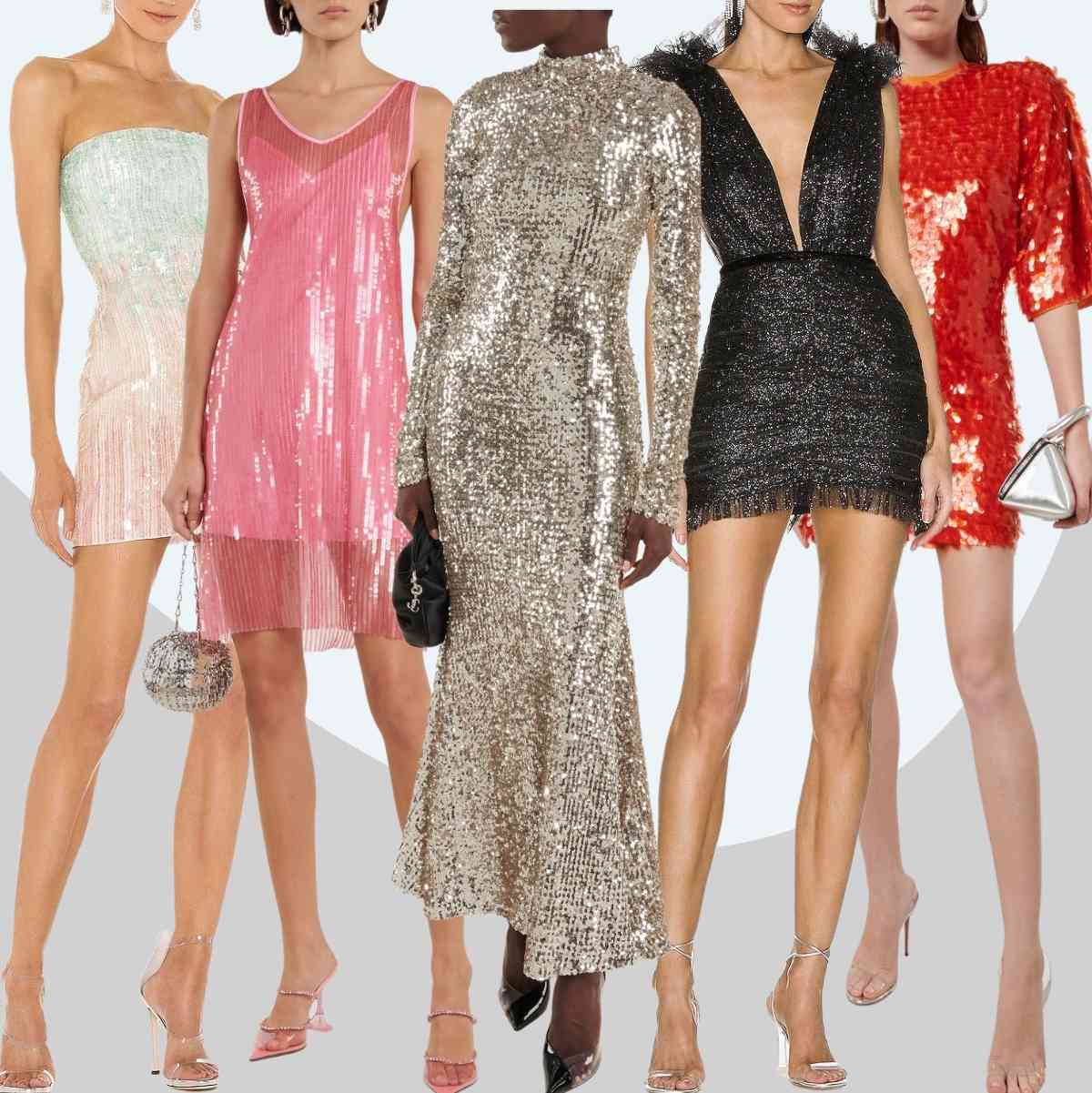 Collage of 6 women wearing different clear heel outfits with sequin dresses.