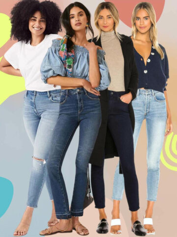 Collage of 4 women wearing different best shoes with skinny jeans outfits over a series of colorful shapes.