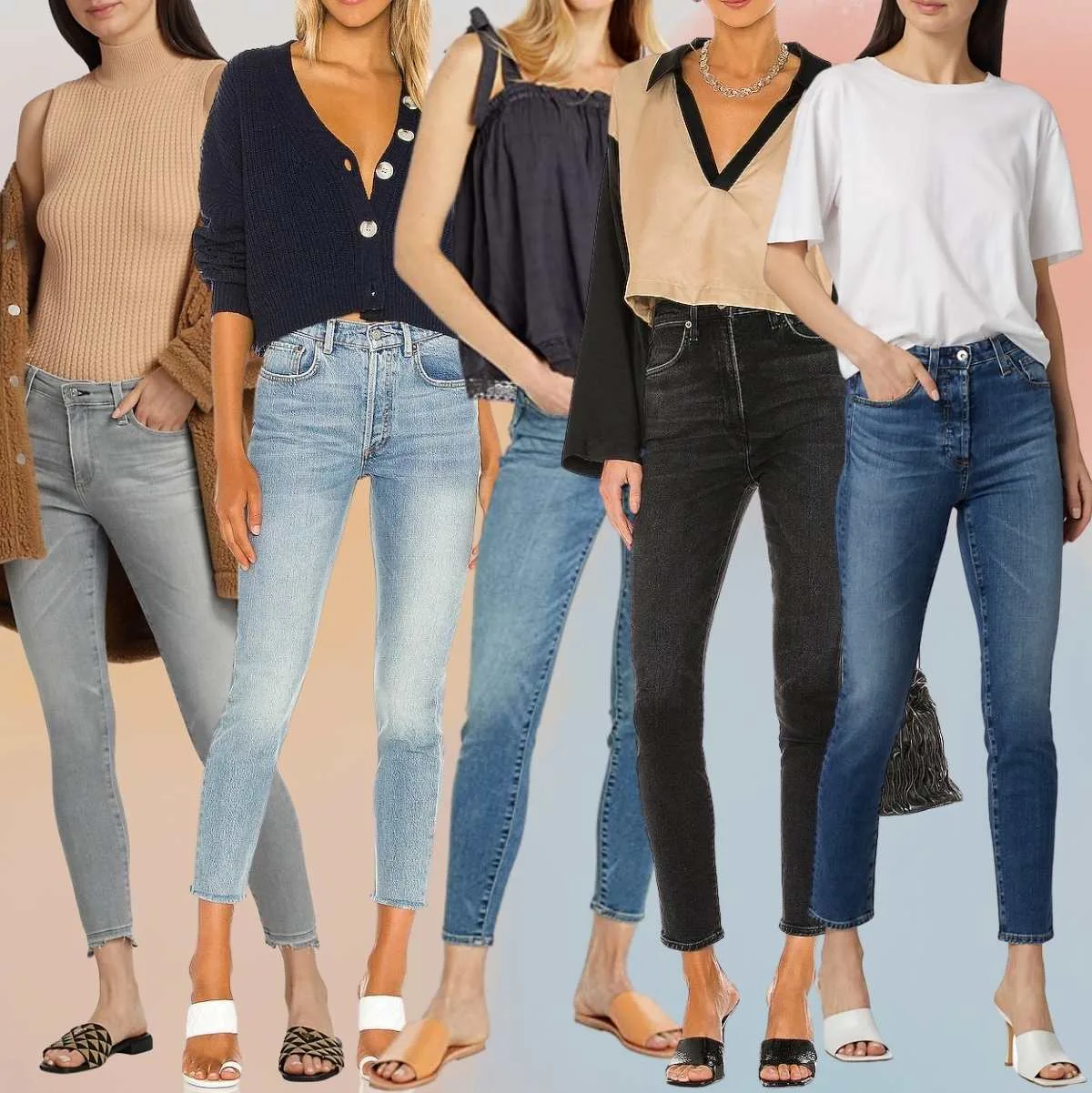 Collage of 5 women wearing slides with skinny jeans outfits.