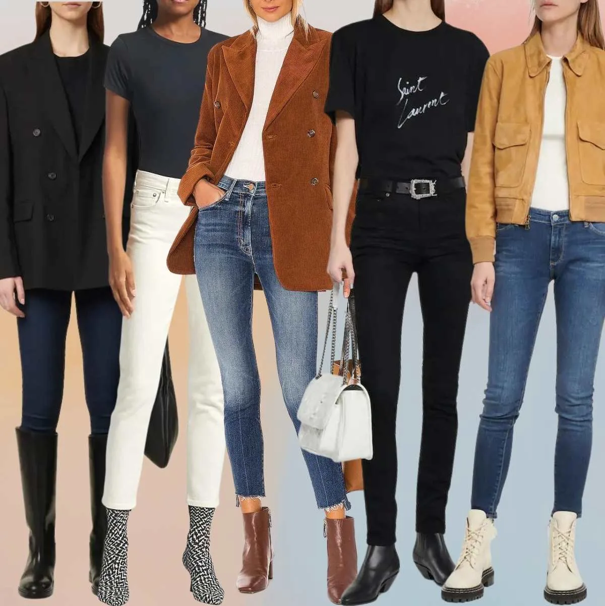 Collage of 5 women wearing boots for skinny jeans outfits.