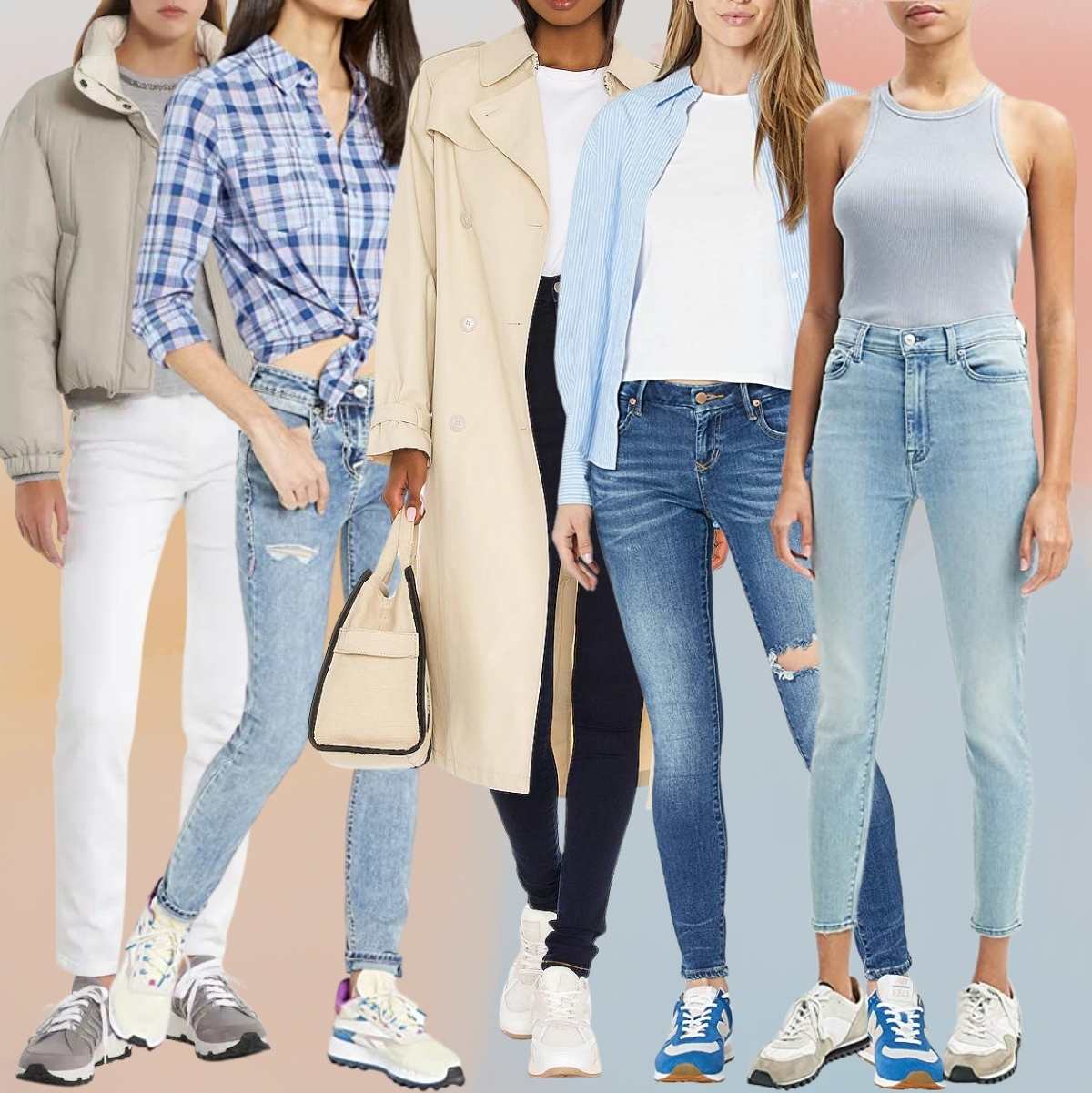 Collage of 5 women wearing retro sneakers with skinny jeans outfits.
