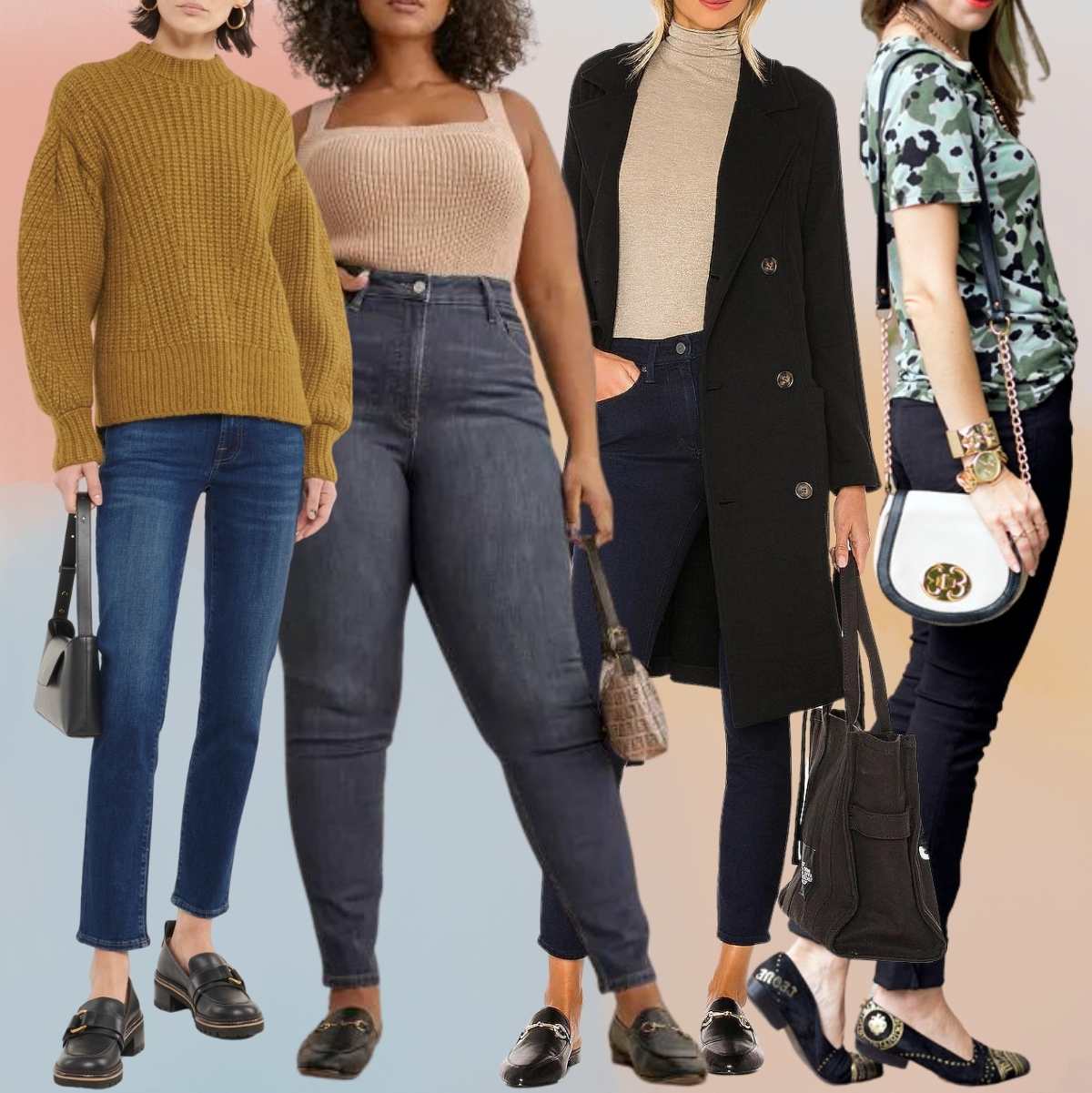 Collage of 4 women wearing loafer shoes with skinny jeans outfits.