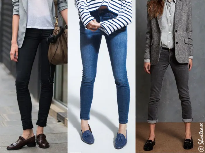 Collage of 4 women wearing loafer shoes with skinny jeans outfits.