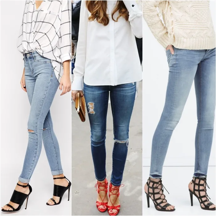 Collage of 5 women wearing strappy high heels with skinny jeans outfits.