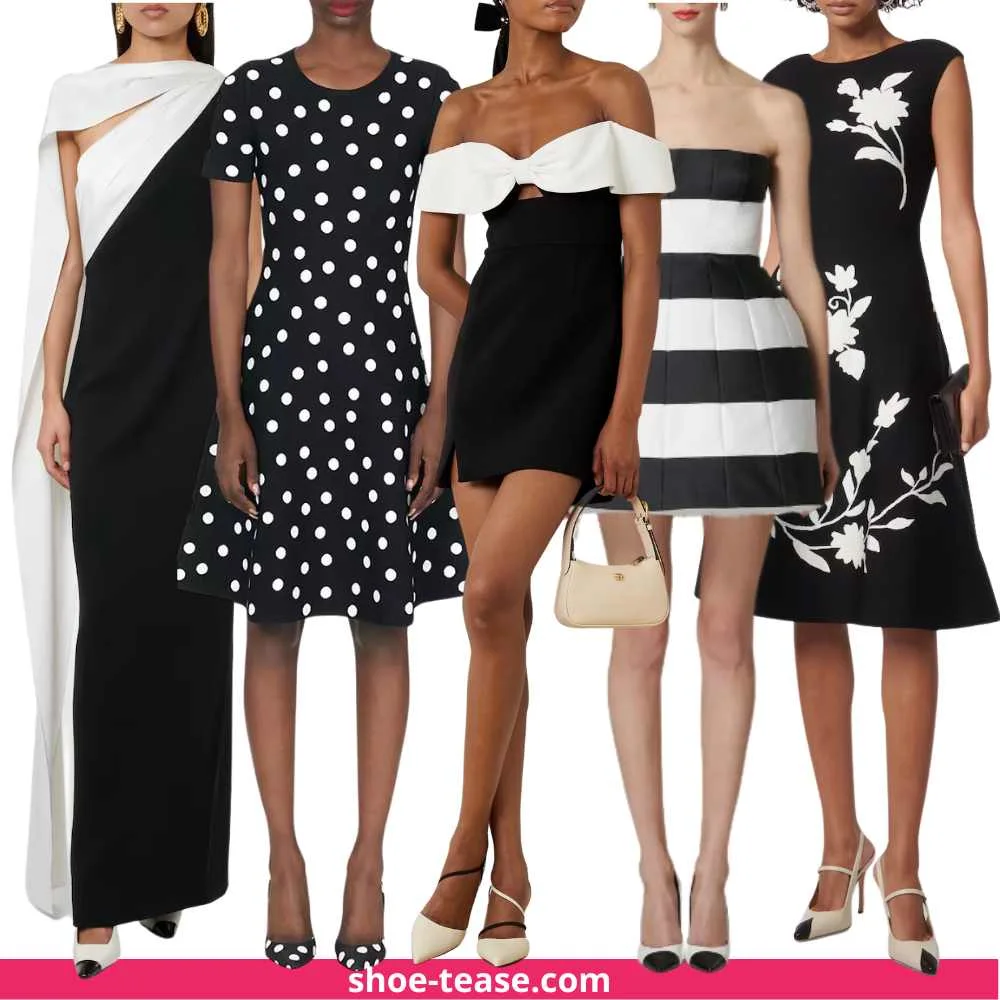 Collage of 5 women wearing black and white dresses with matching shoes.