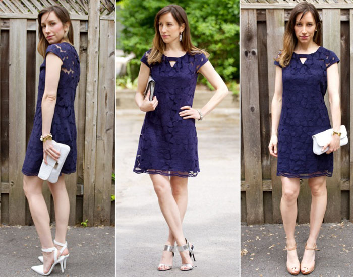 Collage of Woman wearing different color Shoes To Wear with a Navy Dress outfit.