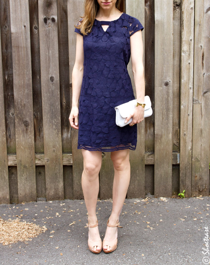 navy dress and yellow shoes