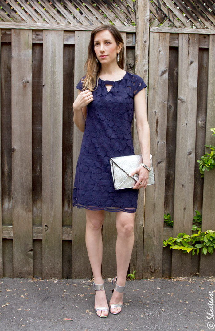 black dress with royal blue shoes