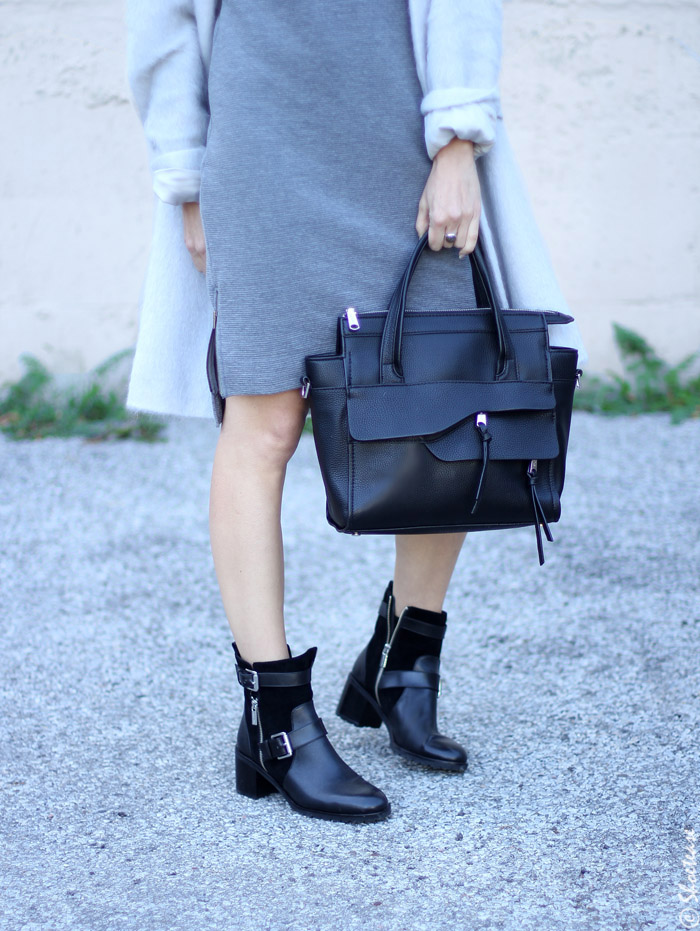 New Black Biker Boots, Grey Dress & Statement Necklace