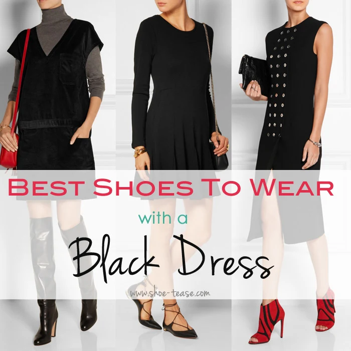 3 women wearing different shoe with little black dresses with text overlay reading best shoes to wear with a black dress.
