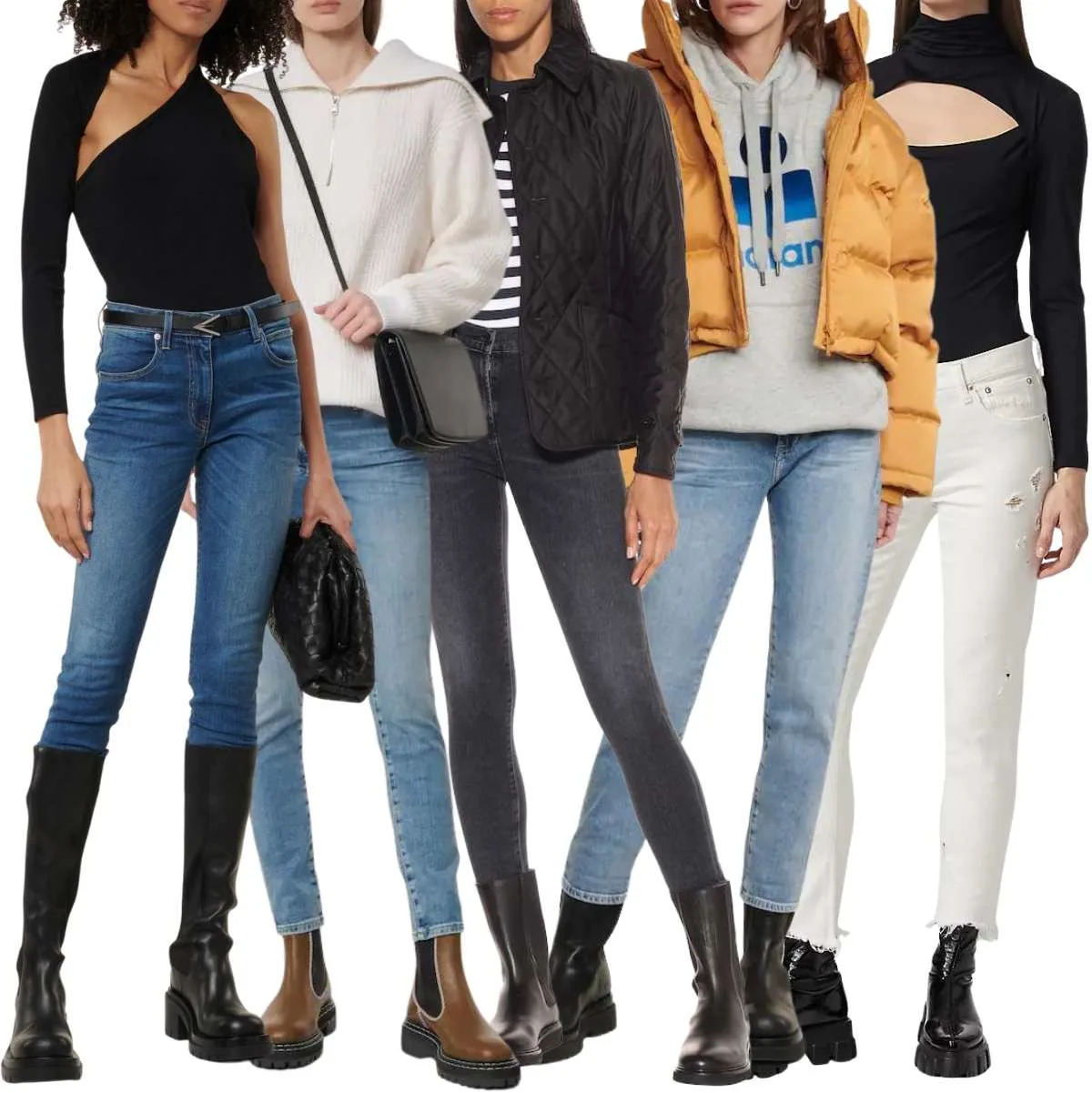 Collage of 5 women wearing chelsea boots with skinny jeans outfits.