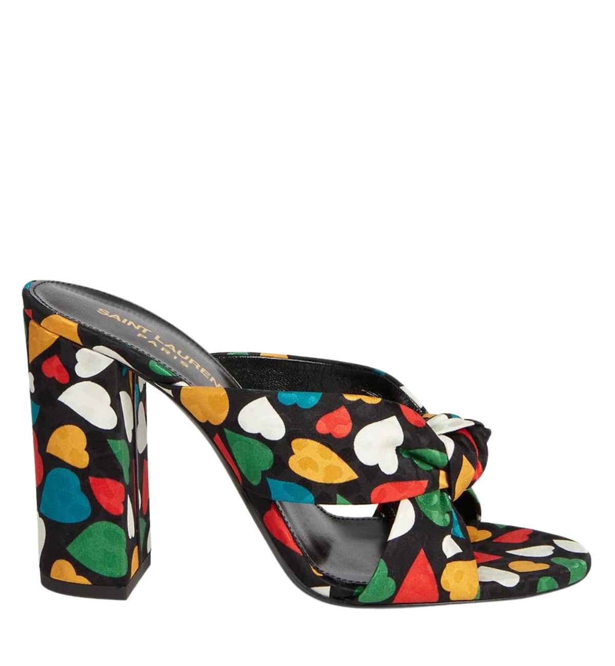 Black open toe heart heel with multicoloured heart pattern all over on white background.