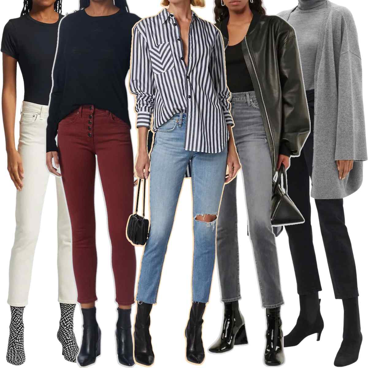 Collage of 5 women wearing different sock boots with skinny jeans.