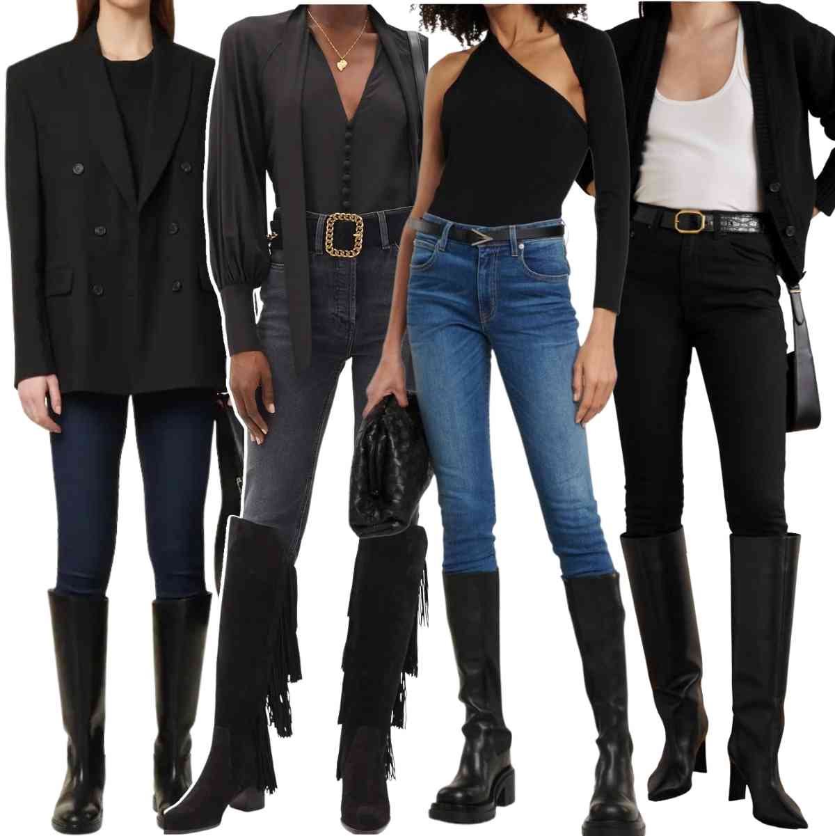 Collage of 4 women wearing different knee high boots with skinny jeans.