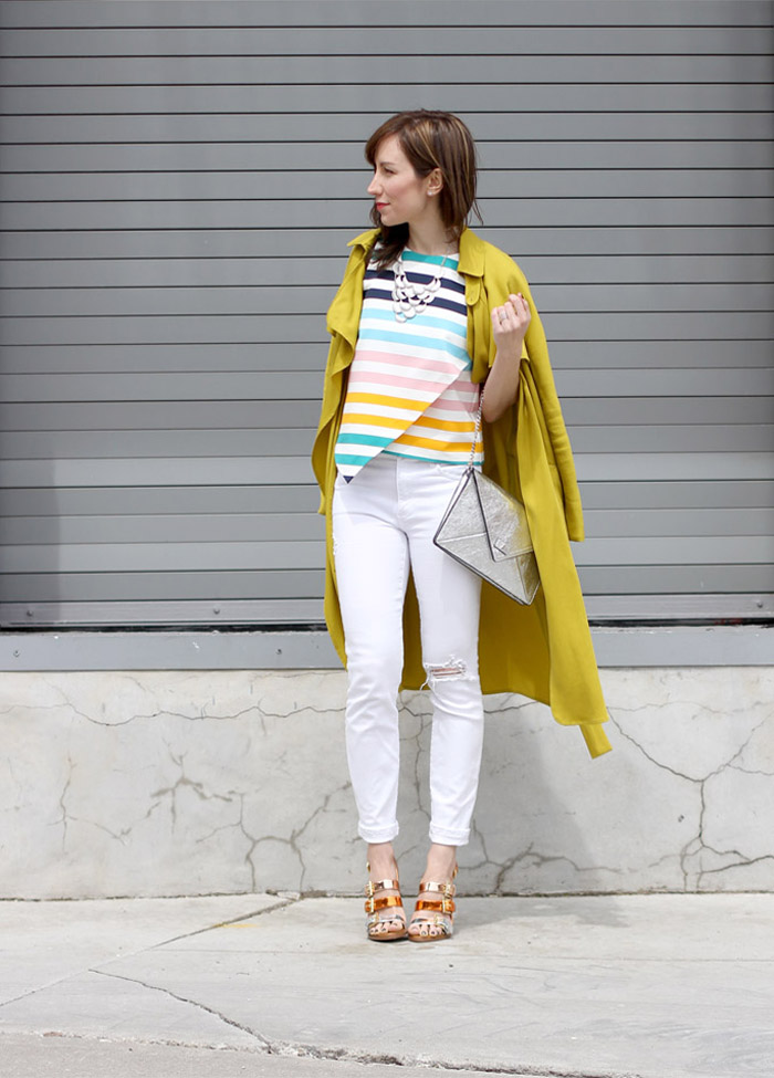 Yellow trench white jeans stripe top 1