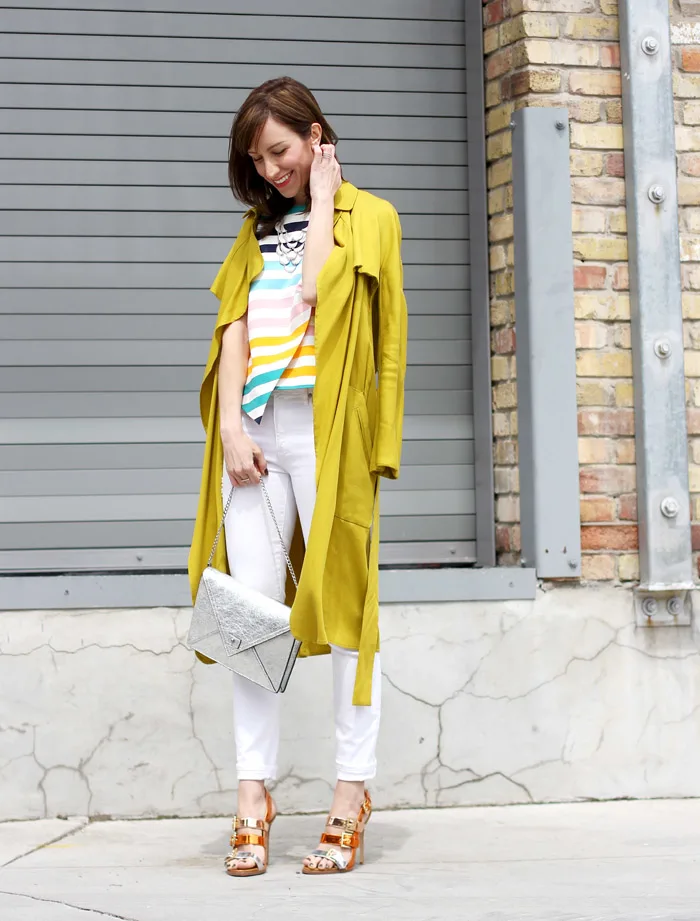 Yellow trench white jeans stripe top 3