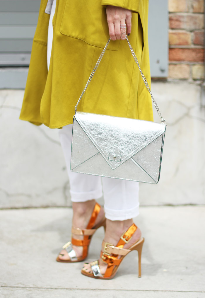 metallic sandals white jeans yellow trench 1