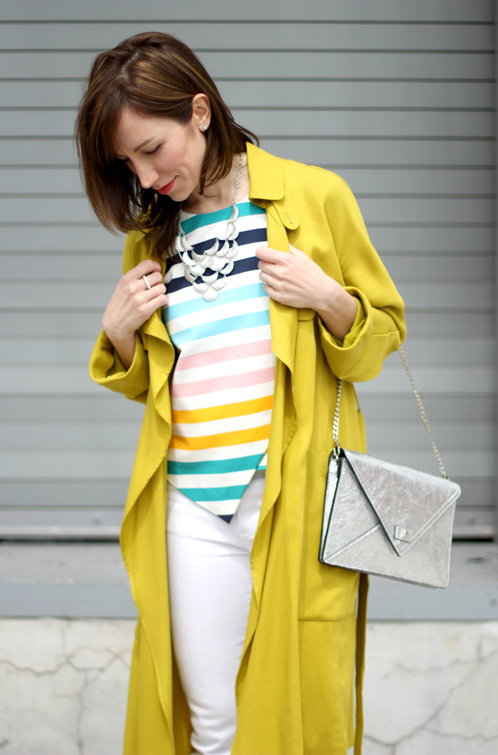 yellow trench stripe top outfit