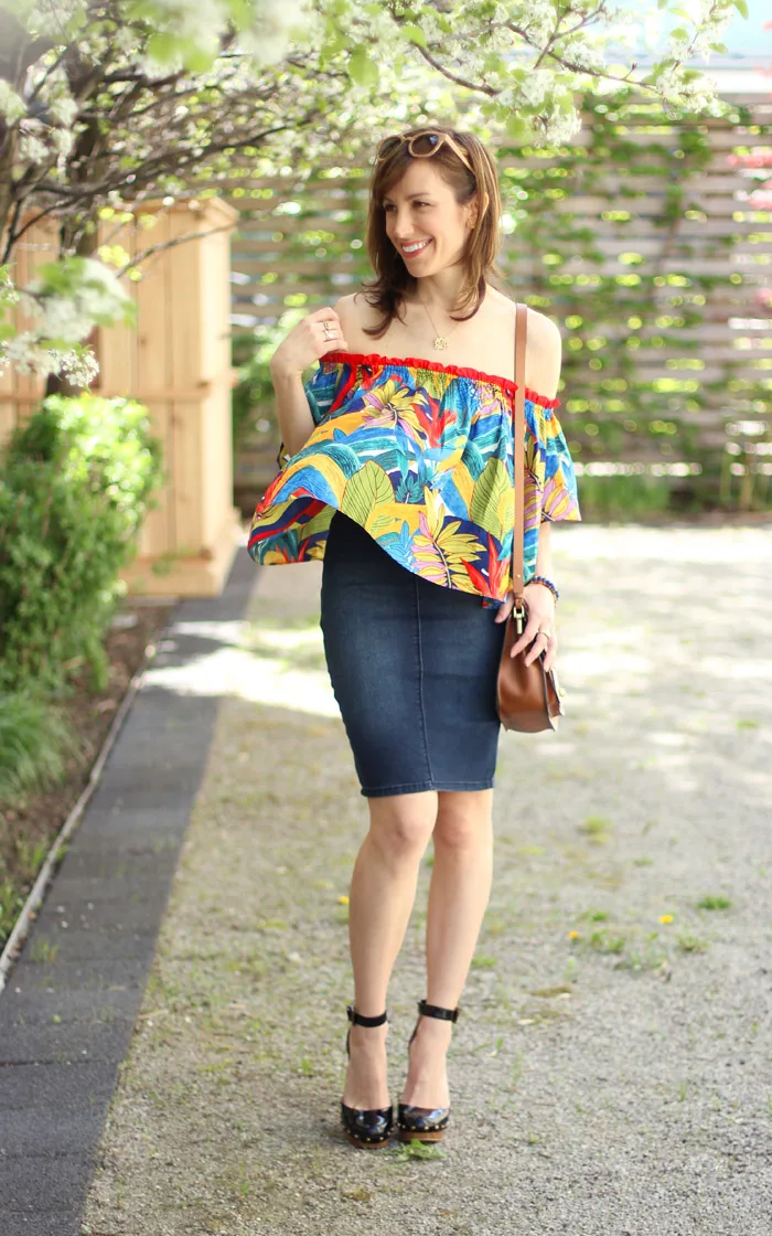 Colorful off the shoulder top denim skirt