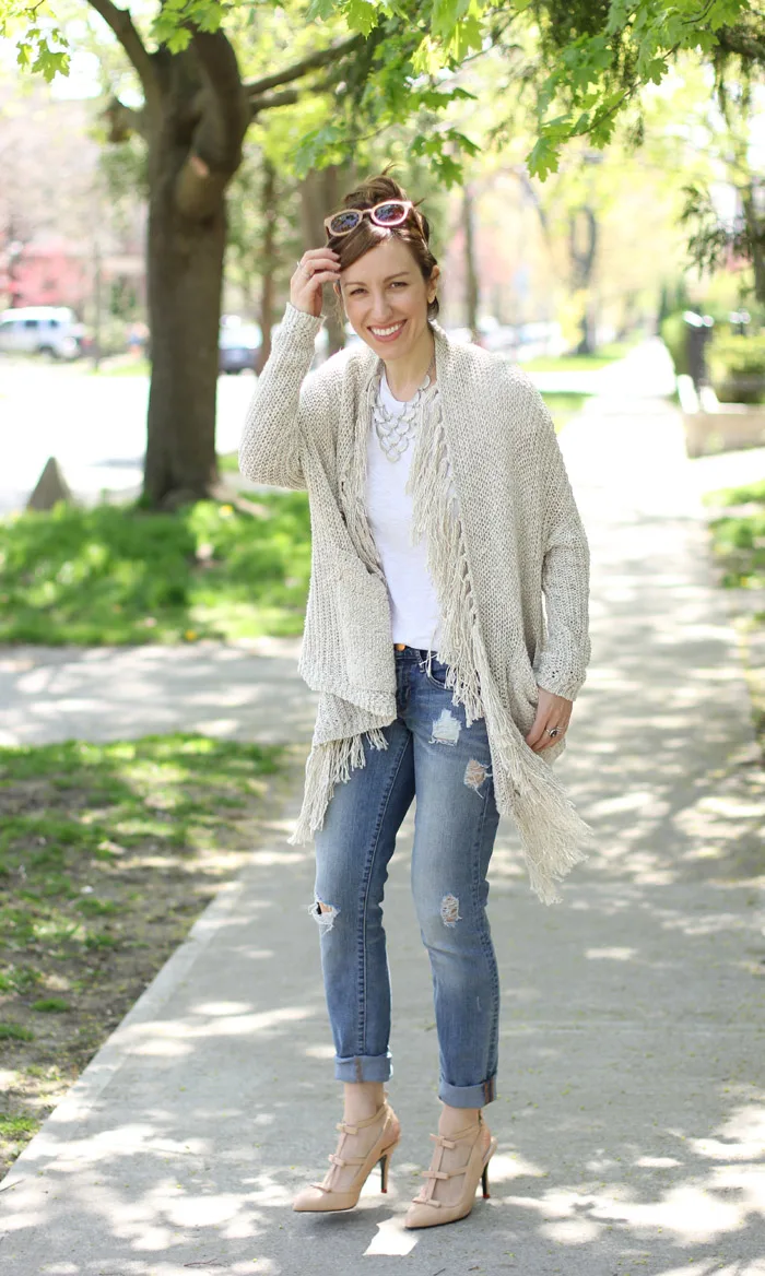 Nude bow Pumps Fringed Cardigan boyfriend jeans 1