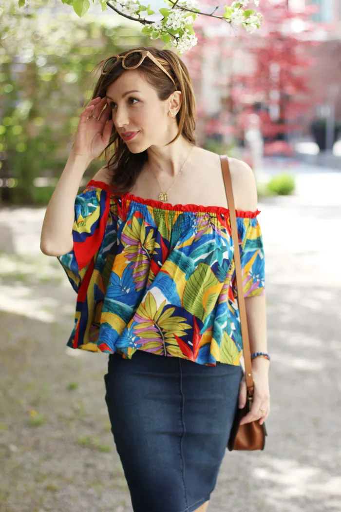 Tropical off the shoulder top denim skirt