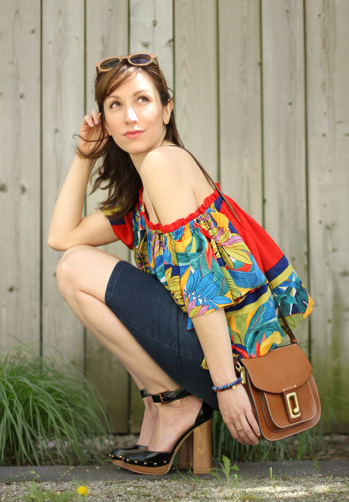 Wooden Platform Heels & Tropical Print Off-the-Shoulder Top