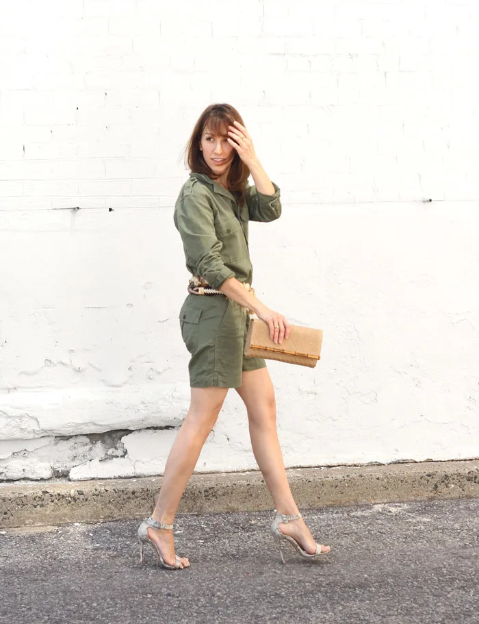 Utility Olive Green Romper Snake Print Heels