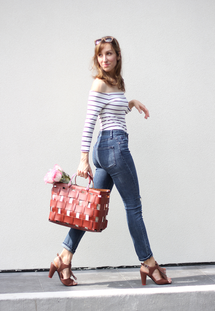 Fringe Sandals, Off the Shoulder Stripe Top 1