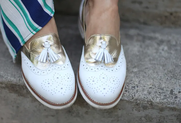 Gold and White Loafers with Tassels