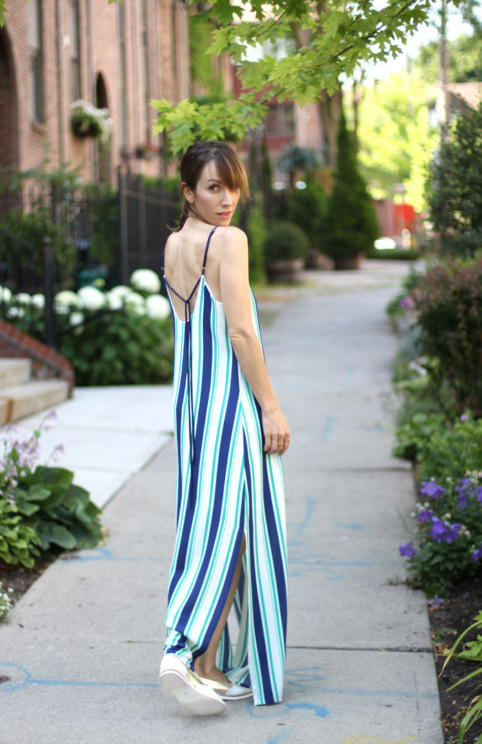 Gold & White Loafers with Green Vertical Striped Maxi Dress