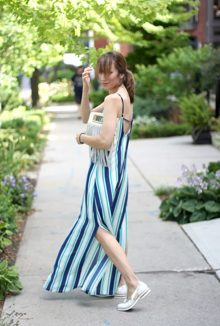 White Loafers Stripe Green Dress