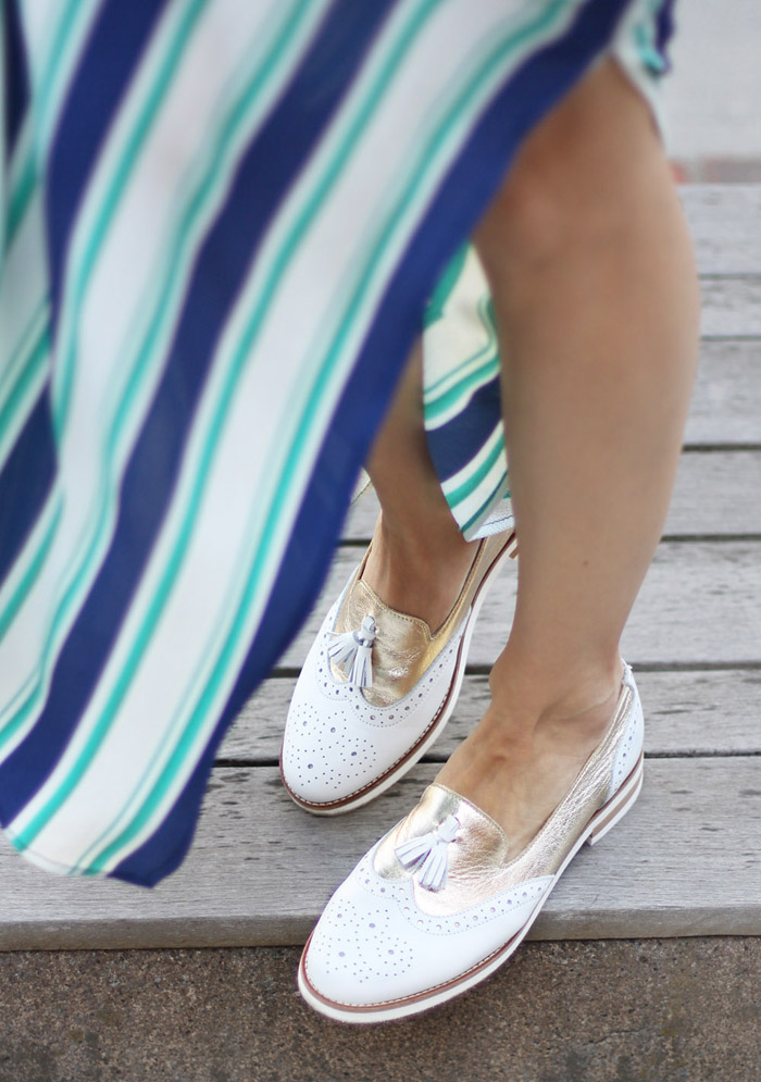 Gold & White Loafers with Green Vertical Striped Maxi Dress