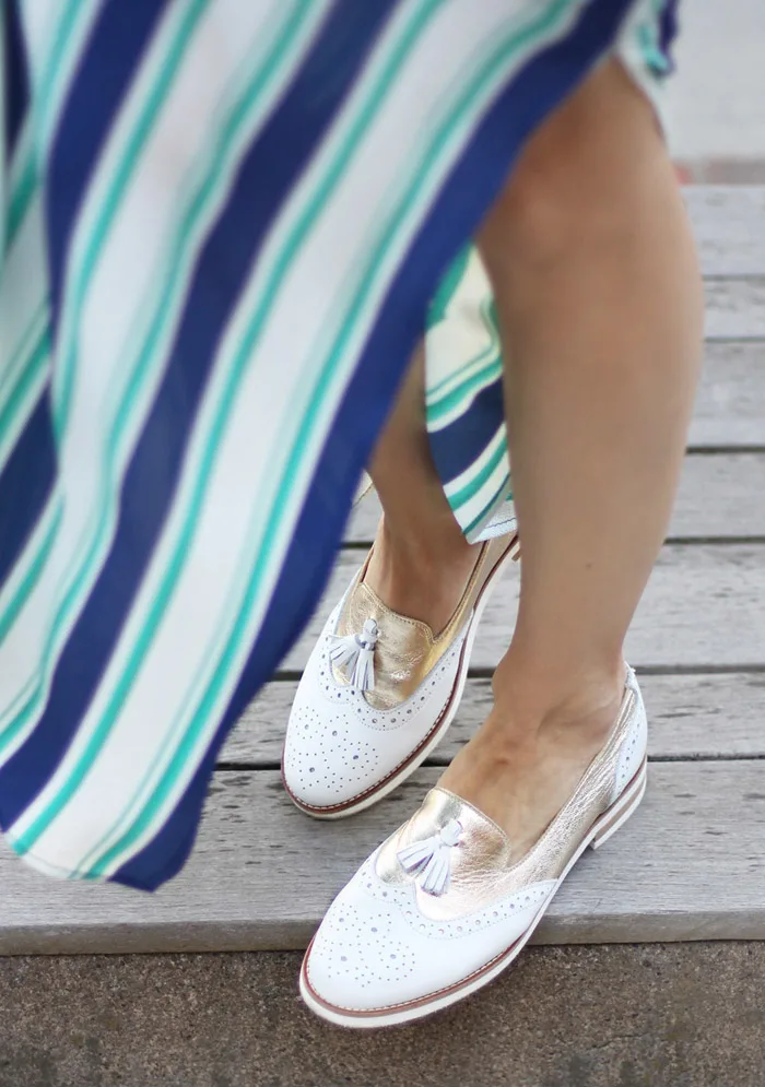 White Loafers Stripe Green Maxi Dress