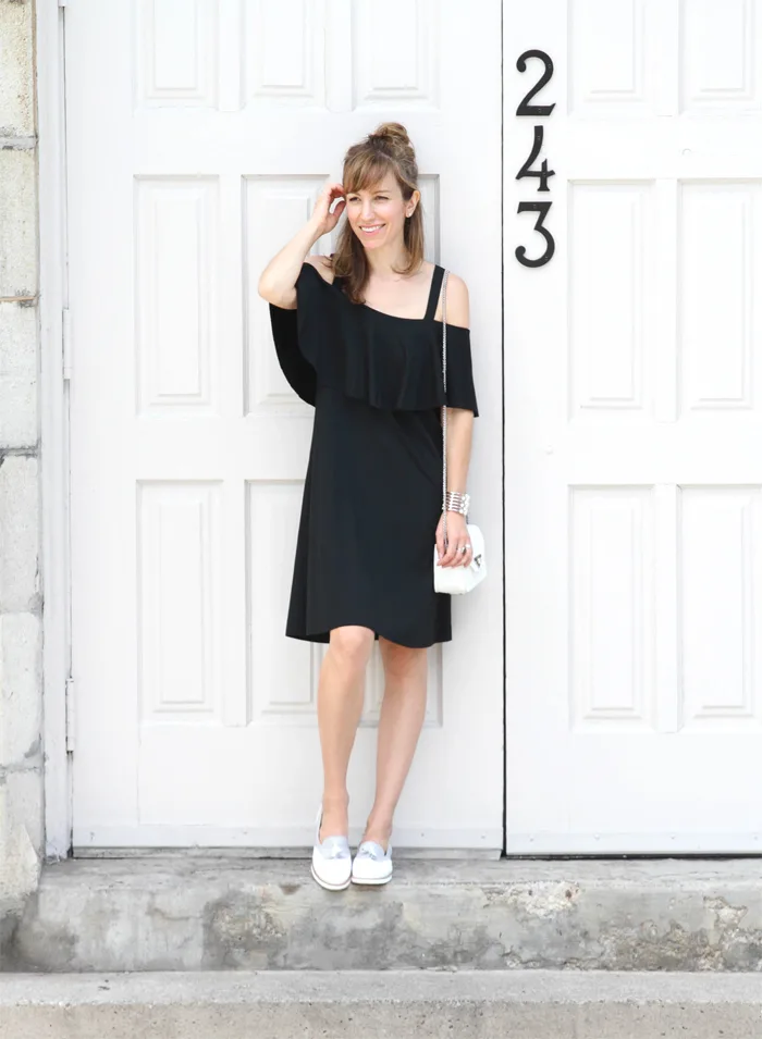 Black Off the Shoulder Dress with White Loafers