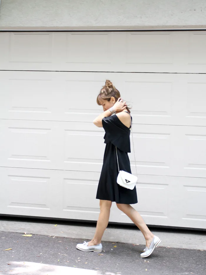 Off the Shoulder LBD With Loafers