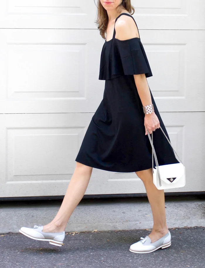 Off the shoulder black dress with Loafers