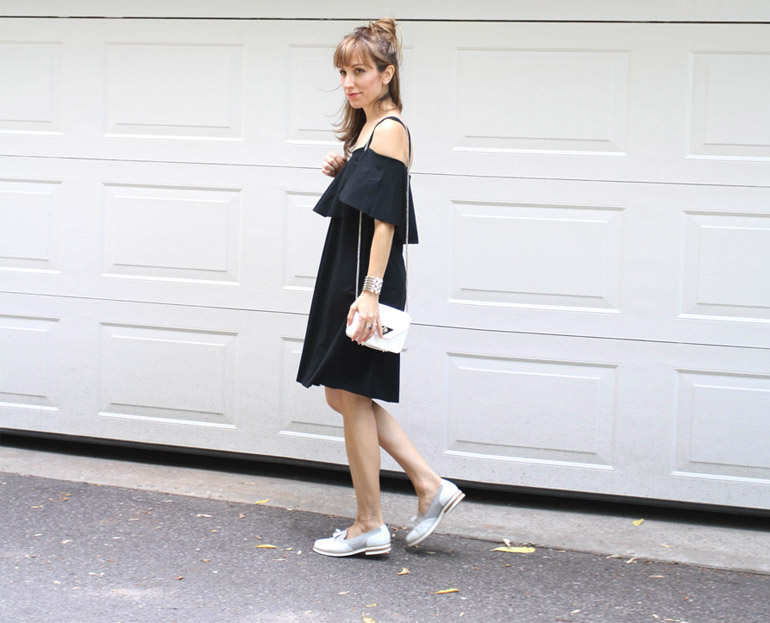 Black Off the Shoulder Dress with White Loafers