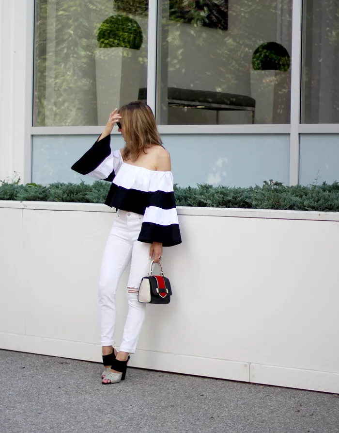 black-and-white-heels-with-bell-sleeved-off-the-shoulder-top