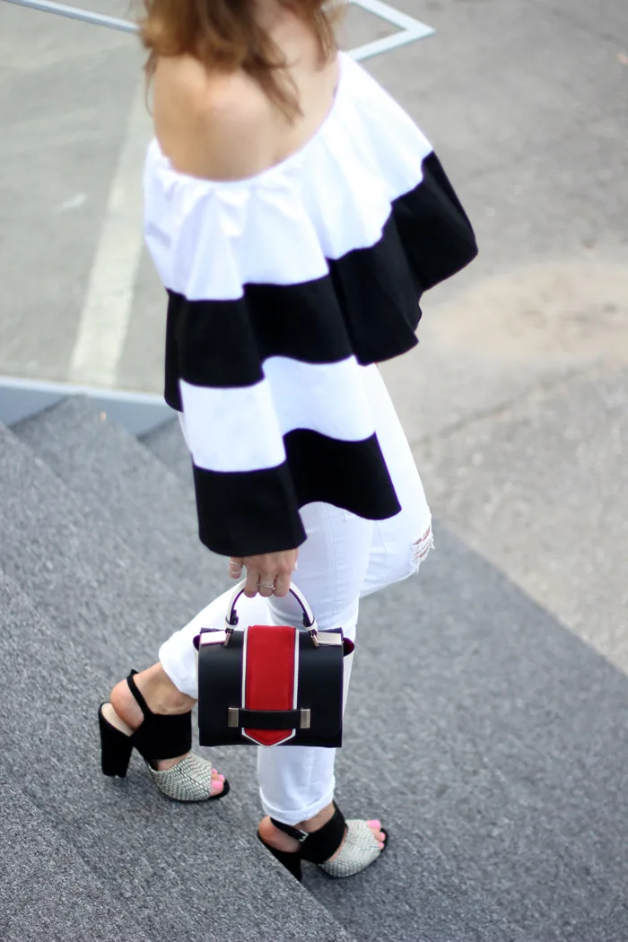 black-white-heels-off-the-shoulder-top-outfit