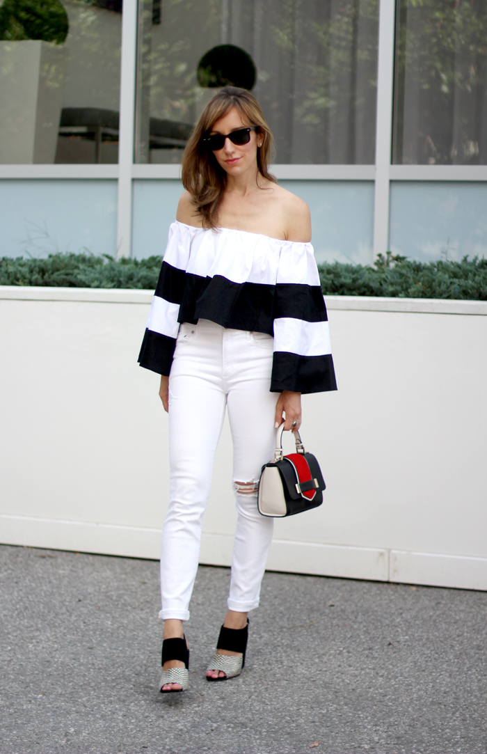 off shoulder tops with jeans and heels