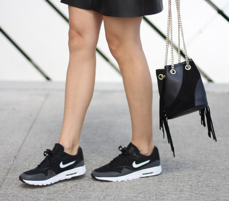 community fill in Forensic medicine Faux Leather Black Slip Dress with Sneakers: Nike Air Max Thea