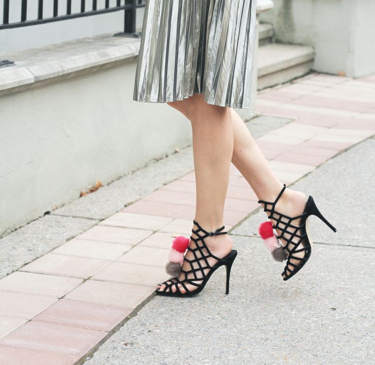 Pink Pom Pom Shoes + Pleated Metallic Skirt