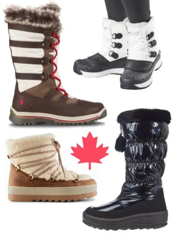 Collage of 4 Canadian winter boots with pink maple leaf.