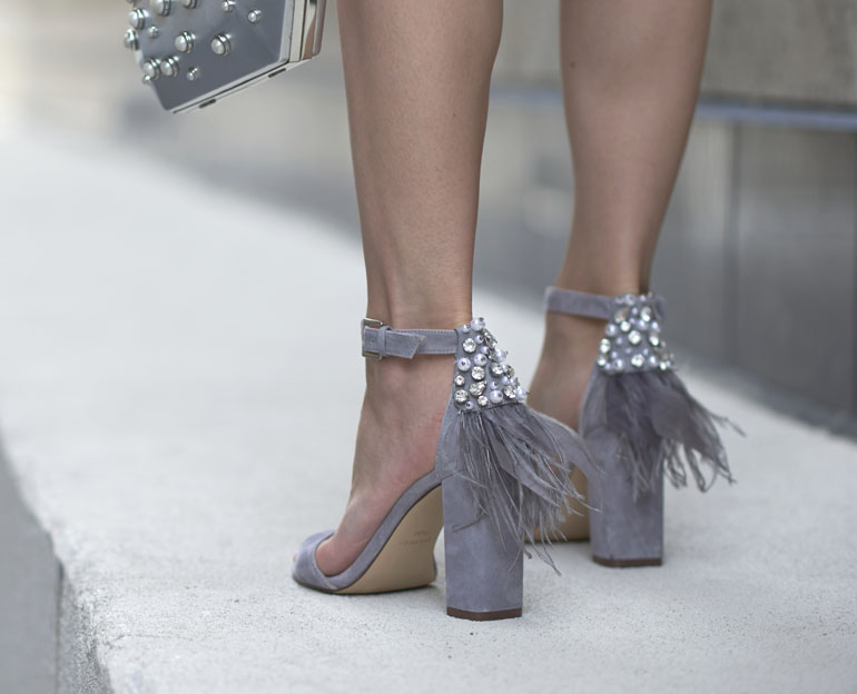 Grey Pearl Heels With Feathers & Pearl Clutch Styled with a White Dress
