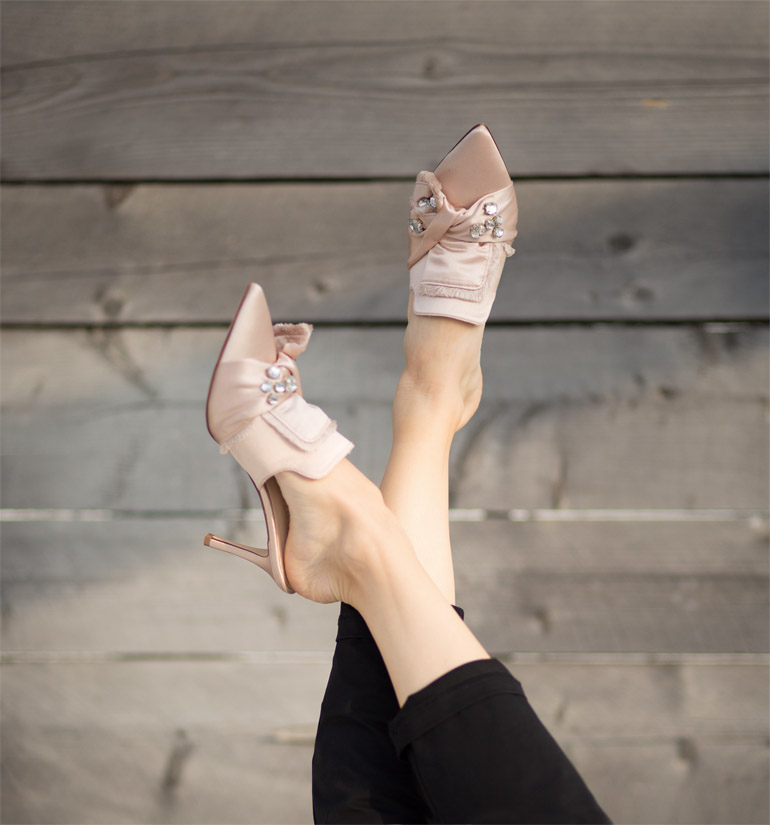 Blush satin mules with rhinestones nine west