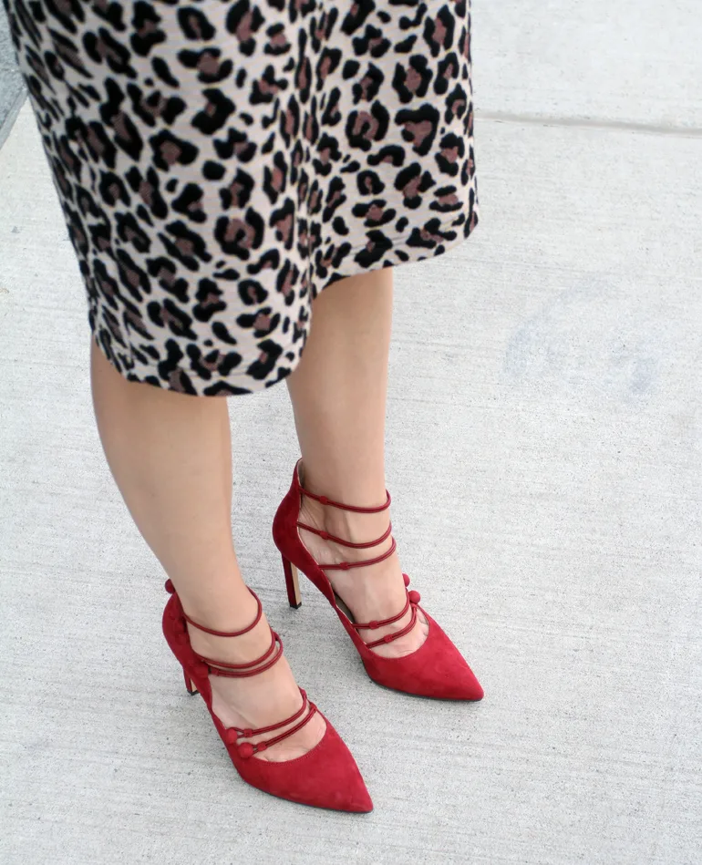 Red Strappy High Heels with a Leopard Print Pencil Skirt